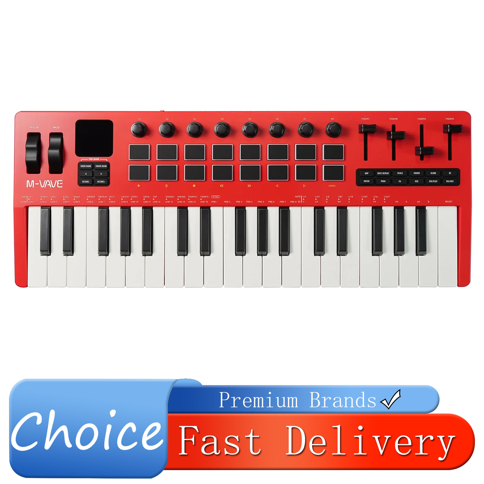 Midi Controller Pad - M-VAVE SMK-37 Pro：37鍵盤、16個のRGBパッド、8個のノブを搭載したMIDIコントローラー。内蔵シンセサイザー、ポータブル、赤色のキーボード楽器。